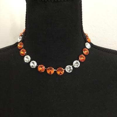 Gorgeous, vintage, silver toned, Orange & crystal rhinestone necklace