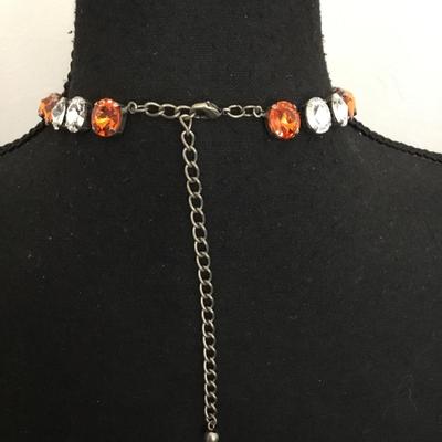 Gorgeous, vintage, silver toned, Orange & crystal rhinestone necklace