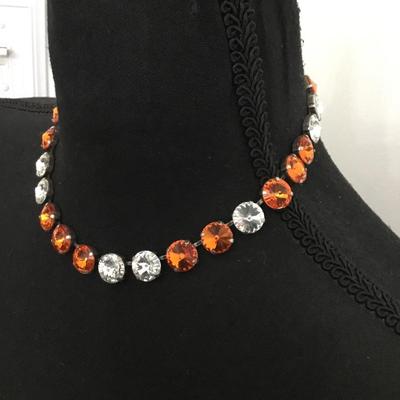 Gorgeous, vintage, silver toned, Orange & crystal rhinestone necklace