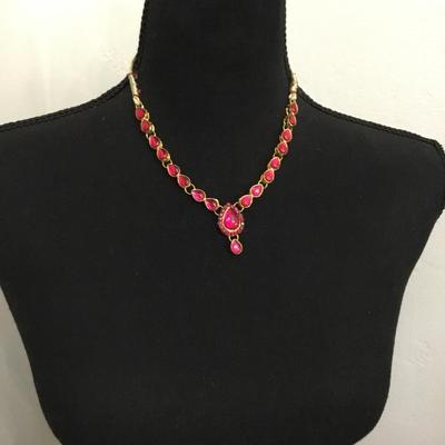 Ethnic, pink, rhinestone, goldtone necklace