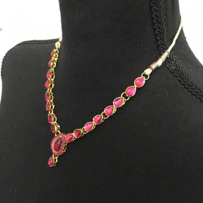 Ethnic, pink, rhinestone, goldtone necklace