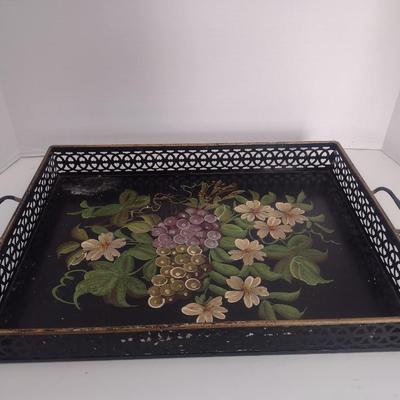 Vintage Toleware Pilgram Art Hand Painted Metal Tray with Pieced Edging