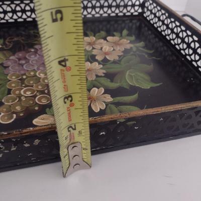 Vintage Toleware Pilgram Art Hand Painted Metal Tray with Pieced Edging