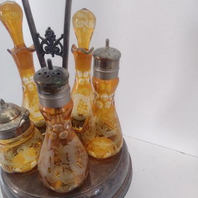 Vintage Rockford Silver Company Quadruple Plated Five Bottle Amber Glass Caster Cruet Set