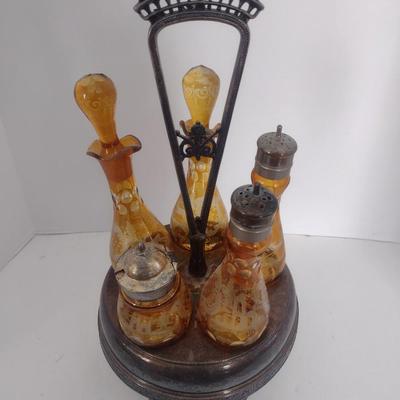 Vintage Rockford Silver Company Quadruple Plated Five Bottle Amber Glass Caster Cruet Set