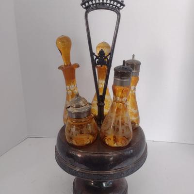Vintage Rockford Silver Company Quadruple Plated Five Bottle Amber Glass Caster Cruet Set