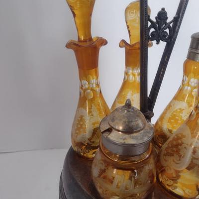 Vintage Rockford Silver Company Quadruple Plated Five Bottle Amber Glass Caster Cruet Set