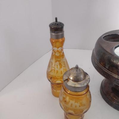 Vintage Rockford Silver Company Quadruple Plated Five Bottle Amber Glass Caster Cruet Set
