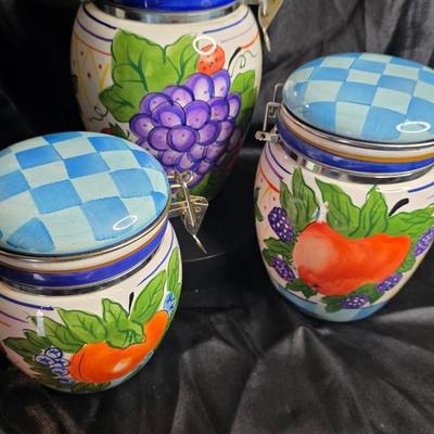 Vintage Capriware Michael's Orchard Hand-Painted Ceramic Canister Set of 3 | Fruit Motif Grapes Berries Peaches | Blue White Lidded...