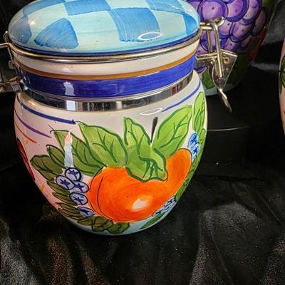 Vintage Capriware Michael's Orchard Hand-Painted Ceramic Canister Set of 3 | Fruit Motif Grapes Berries Peaches | Blue White Lidded...