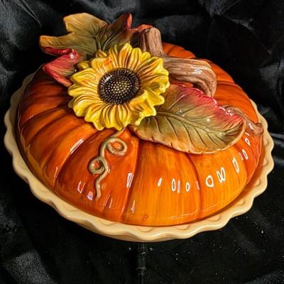 Cracker Barrel Bountiful Harvest Pumpkin Pie Dish - Sunflower and Leaf Ceramic Carrier