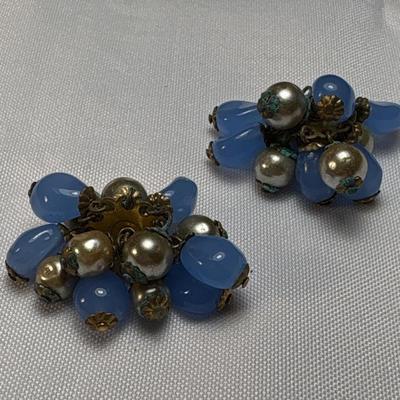 Vintage Coro blue glass clip on earrings