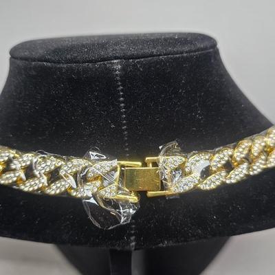 Gold-Tone Rhinestone Cuban Link Necklace – Statement Chain with Box Clasp - NEW IN PLASTIC