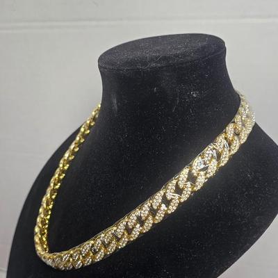 Gold-Tone Rhinestone Cuban Link Necklace – Statement Chain with Box Clasp - NEW IN PLASTIC