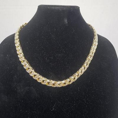 Gold-Tone Rhinestone Cuban Link Necklace – Statement Chain with Box Clasp - NEW IN PLASTIC