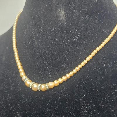 Vintage Peach Faux Pearl Necklace with Rhinestone Spacer Accents