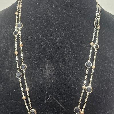 Layered Gold-Tone Chain Necklace with Faceted Black Stone Accents