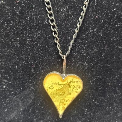Vintage Silver-Tone Chain Necklace with Yellow Heart Pendant & Bird Motif