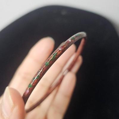 Vintage Copper-Toned Enamel Floral Bangle Bracelet