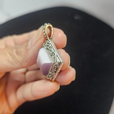 Vintage Silver-Tone Diamond-Shaped Soft Pink Chalcedony Pendant