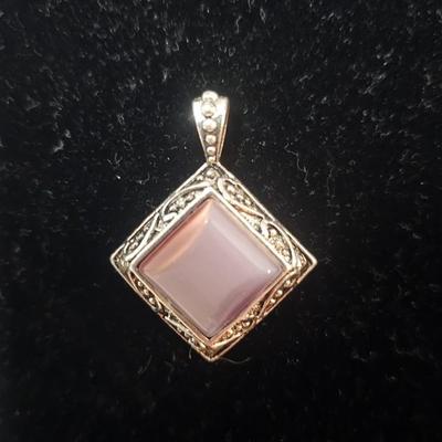 Vintage Silver-Tone Diamond-Shaped Soft Pink Chalcedony Pendant