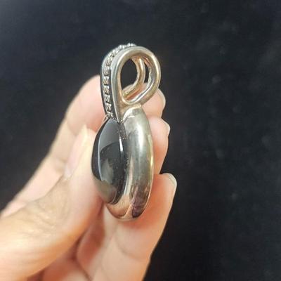 Vintage Silver-Tone Black Onyx Style Cabochon Pendant with Beaded Bail