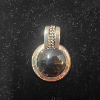 Vintage Silver-Tone Black Onyx Style Cabochon Pendant with Beaded Bail