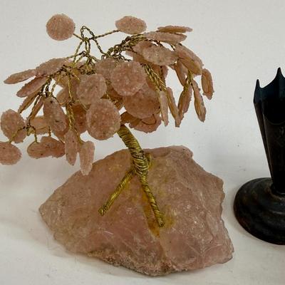 Sale Photo Thumbnail #544: This is a collection of miniature decorative objects, including two gemstone trees, a small ceramic basket, and a metal umbrella stand. All in good condition.