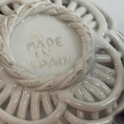 Sale Photo Thumbnail #540: This is a collection of miniature decorative objects, including two gemstone trees, a small ceramic basket, and a metal umbrella stand. All in good condition.