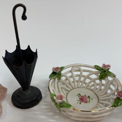 Sale Photo Thumbnail #543: This is a collection of miniature decorative objects, including two gemstone trees, a small ceramic basket, and a metal umbrella stand. All in good condition.
