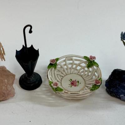 Sale Photo Thumbnail #545: This is a collection of miniature decorative objects, including two gemstone trees, a small ceramic basket, and a metal umbrella stand. All in good condition.