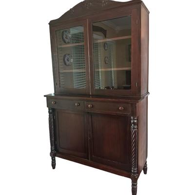 Vintage Wooden China Cabinet with Glass Display Doors