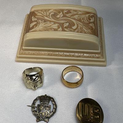 Sale Photo Thumbnail #311: See pics. Gold ring with figure is plastic.