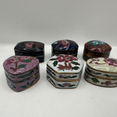 Group of Six Chinese Cloisonné Enamel Trinket Boxes with Case