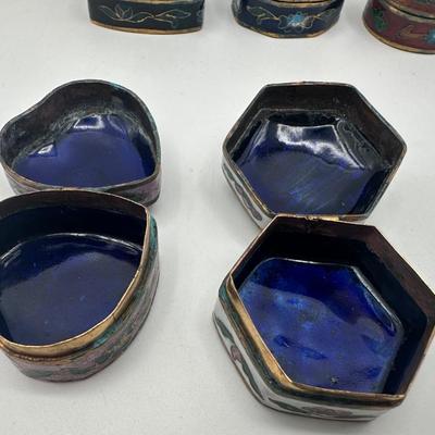 Group of Six Chinese Cloisonné Enamel Trinket Boxes with Case