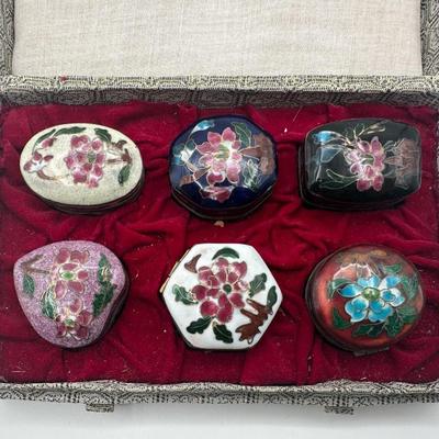 Group of Six Chinese Cloisonné Enamel Trinket Boxes with Case