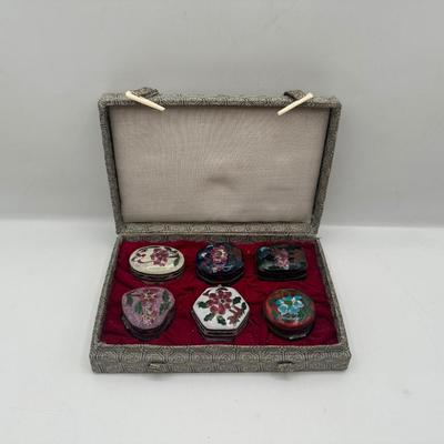 Group of Six Chinese Cloisonné Enamel Trinket Boxes with Case
