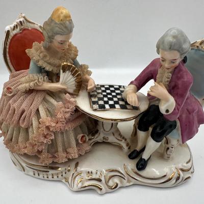Dresden Porcelain Lace Figurine: Victorian Chess Couple