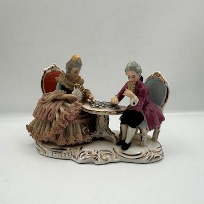 Dresden Porcelain Lace Figurine: Victorian Chess Couple