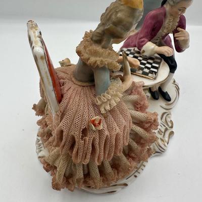 Dresden Porcelain Lace Figurine: Victorian Chess Couple