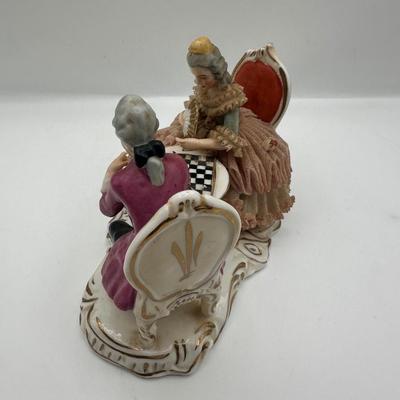Dresden Porcelain Lace Figurine: Victorian Chess Couple
