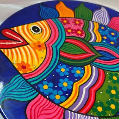 Signed Agustin Vargas Mexican Folk Art Fish Platter – Hand-Painted Lacquered Wood Wall Plate