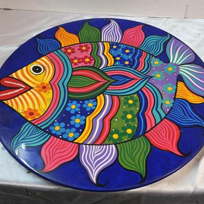 Signed Agustin Vargas Mexican Folk Art Fish Platter – Hand-Painted Lacquered Wood Wall Plate