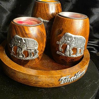Handcrafted Thai Elephant Tea Light Holder Set with Tray | Artisanal Mango Wood & Pewter Candle Décor
