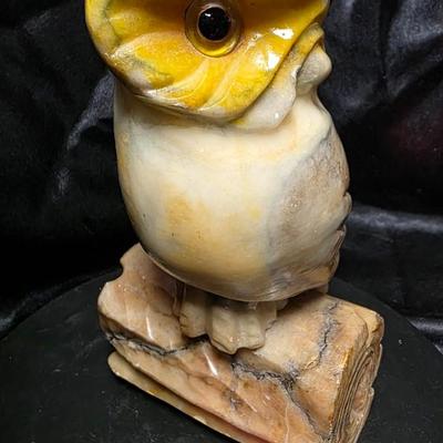 Vintage Hand-Carved Italian Alabaster Owl Figurine with Glass Eyes | Mid-Century Stone Sculpture