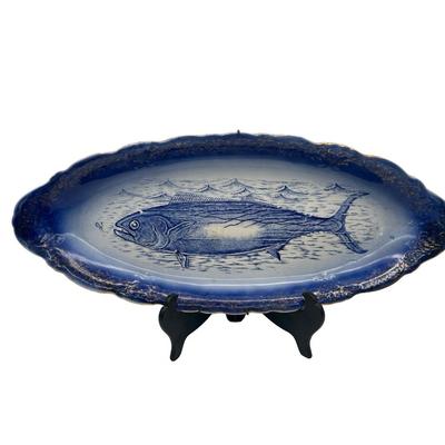 Vintage Blue Fish Platter with Gilt Decorated Scalloped Rim