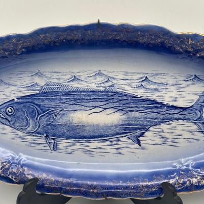 Vintage Blue Fish Platter with Gilt Decorated Scalloped Rim