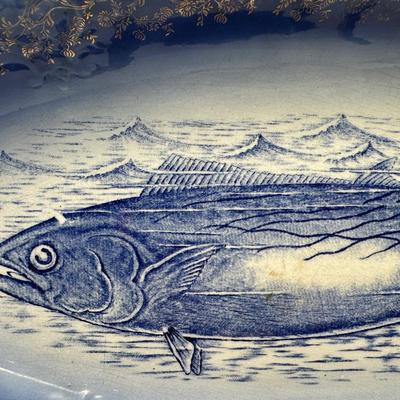 Vintage Blue Fish Platter with Gilt Decorated Scalloped Rim