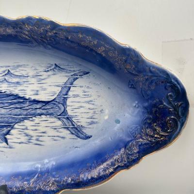 Vintage Blue Fish Platter with Gilt Decorated Scalloped Rim