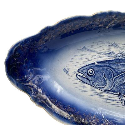Vintage Blue Fish Platter with Gilt Decorated Scalloped Rim